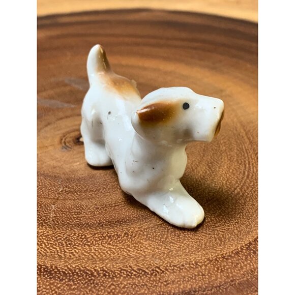 Vintage Miniature Porcelain Dog Figurine Handcrafted with Brown & White Glaze - Picture 2 of 8